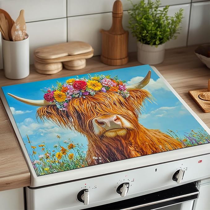 HOMETITUTE Highland Cow Stove Top Cover 28x20 Floral Diatomite Mat