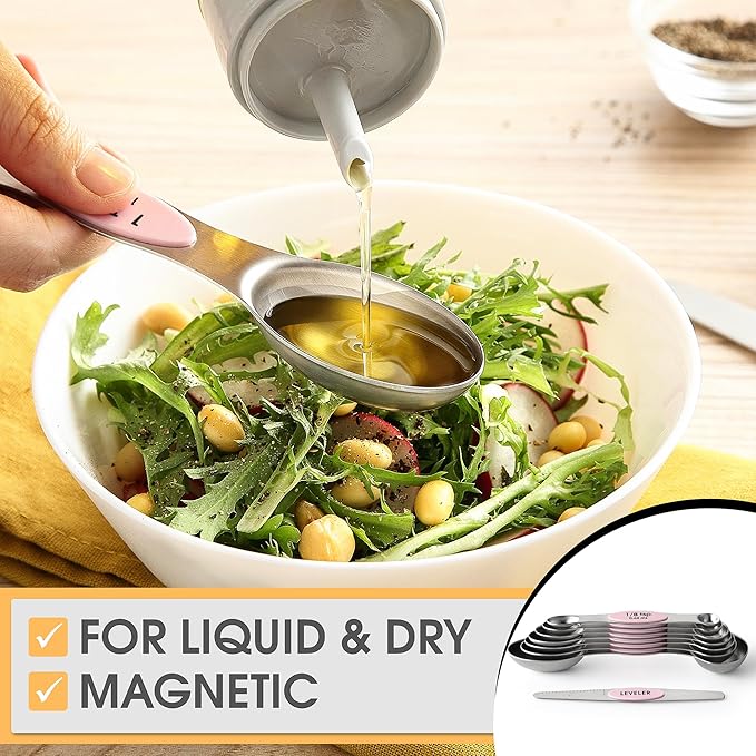 Spring Chef Stainless Steel 8 Magnetic Measuring Spoons Set, Pink Lemonade | Dual Sided Metal Teaspoon & Tablespoon Measuring Spoons with Leveler for Dry & Liquid Ingredients, Fits in Kitchen Spice Jars