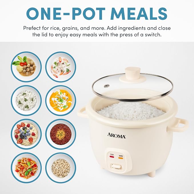 AROMA CoreCoat Pot-Style Rice Cooker with One-Touch Control and Non-Stick Ceramic Coating (6 Cups Cooked, 3 Cups Uncooked)