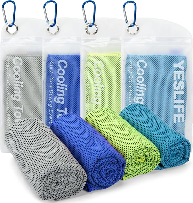 YESLIFE Cooling Towels, 4-Pack 40"x12", Multicolor Set I | Microfiber gym towels, soft breathable neck wrap, cooling towel for yoga running sport camping, Multicolor, 4-pack