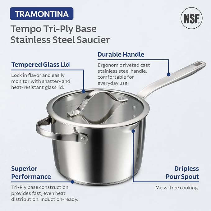 Tramontina Tempo Tri-Ply Base Stainless Steel 4-Qt Large Sauce Pan with Lid | Induction-Ready Saucepan, Oven-Safe, Dishwasher-Safe