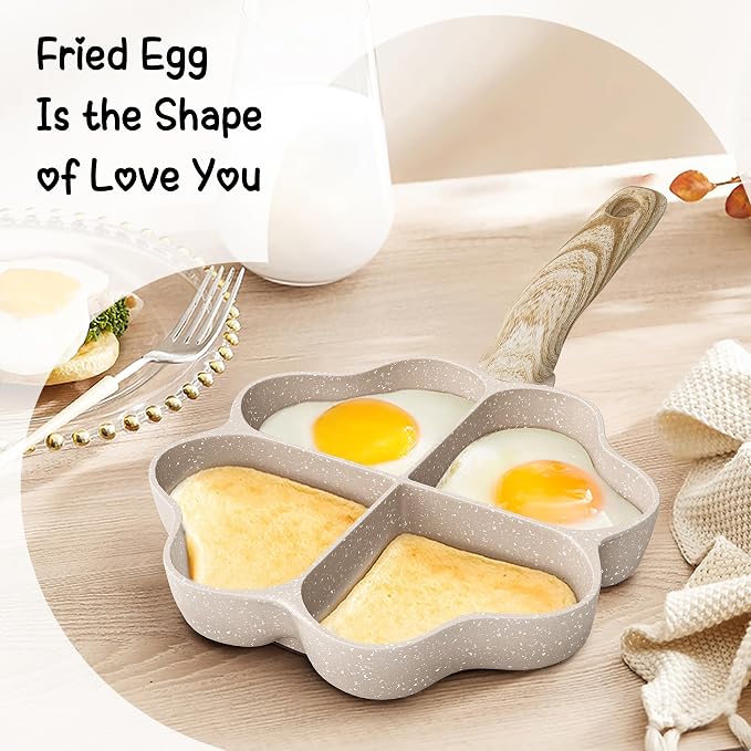 Caannasweis Egg Pan Omelette Pan, 4-Cup Nonstick Granite Omelette Skillet Breakfast Frying Pan Egg Cooker Suitable for Gas Stove & Induction Cookware, PFOA PFOS Free, Brown Heart Shaped