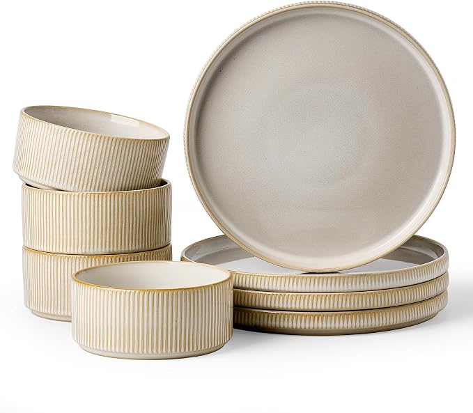 Famiware Star Stoneware Dinnerware Set, 8pc Dishes for 4, Cappuccino White | 10.5" Flat Dinner Plates & 5.5" Deep Cereal Bowls, Everyday Use, Chip & Scratch Resistant, Microwave & Dishwasher Safe
