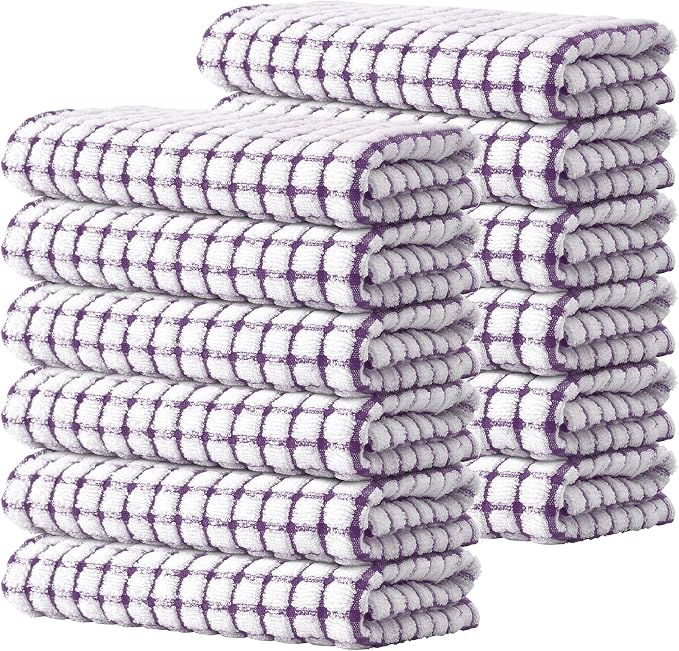 Kitinjoy Cotton 12 Pack Terry Kitchen Towels, Purple | 16 x 25 Inches Super Soft and Absorbent Dish Towels, Quick Drying hand towels for kitchen Drying