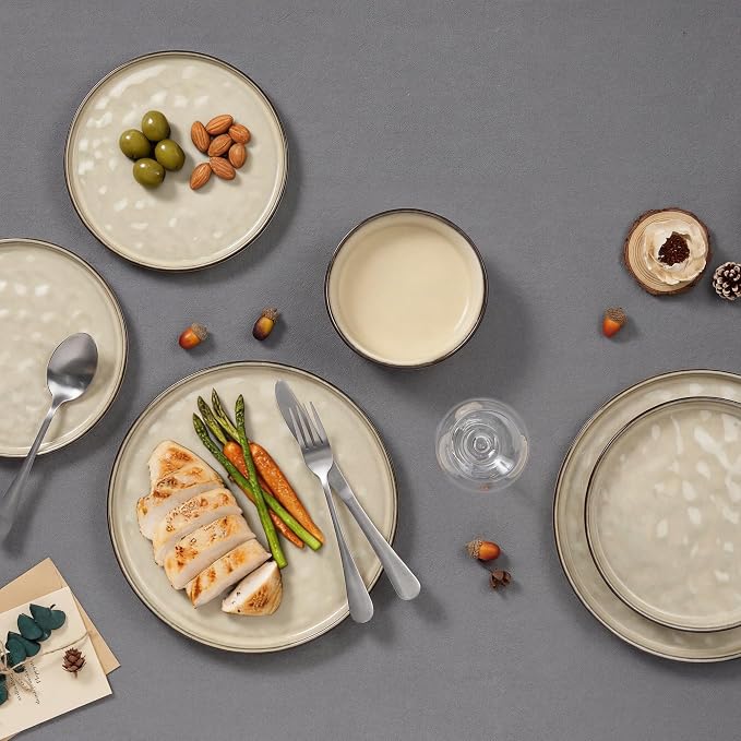 E-far Stoneware Dinnerware Set, 16-Piece Plates and Bowls Sets for 4 | Modern Dishes for Kitchen Dining, Reactive Glazing Ripple Design, Chip Resistant, Microwave & Dishwasher Safe, Sandy Khaki
