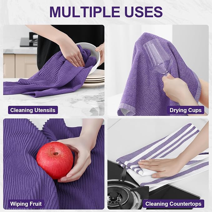 Homaxy Cotton 380 GSM Premium Kitchen Towels, 18"x 28", 9 Pack, Purple | Soft and Absorbent Terry Dish Towels, Multipurpose Tea Towel Set with Hanging Loop, 3 Styles Kitchen Hand Towels