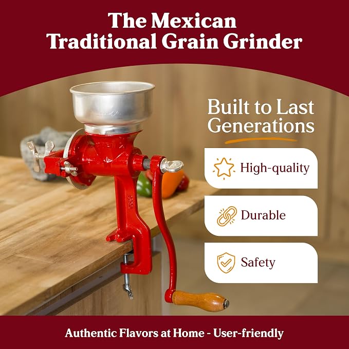 Estrella Cast Iron Manual Corn Grinder, Hand Grain Mill, Molino de Maiz Manual, Red Molino for Corn, Nixtamal, Masa, Coffee & Spices