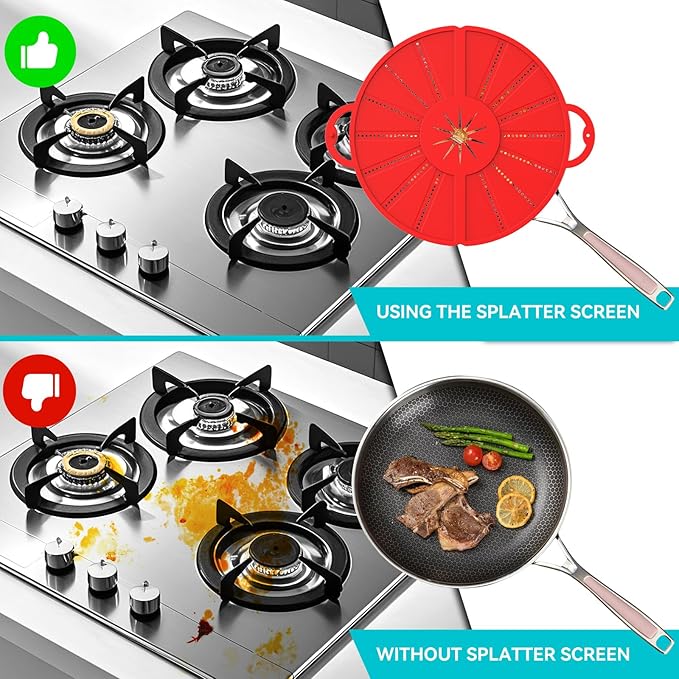 Foldable Silicone Splatter Screen for 10-13'' Pans with Handle,Red| Foldable Splash Guard, Multi-Use Grease Splatter Guard/Trivet Mat,Non-Stick Oil Splatter Guard,BPA-Free,Dishwasher Safe