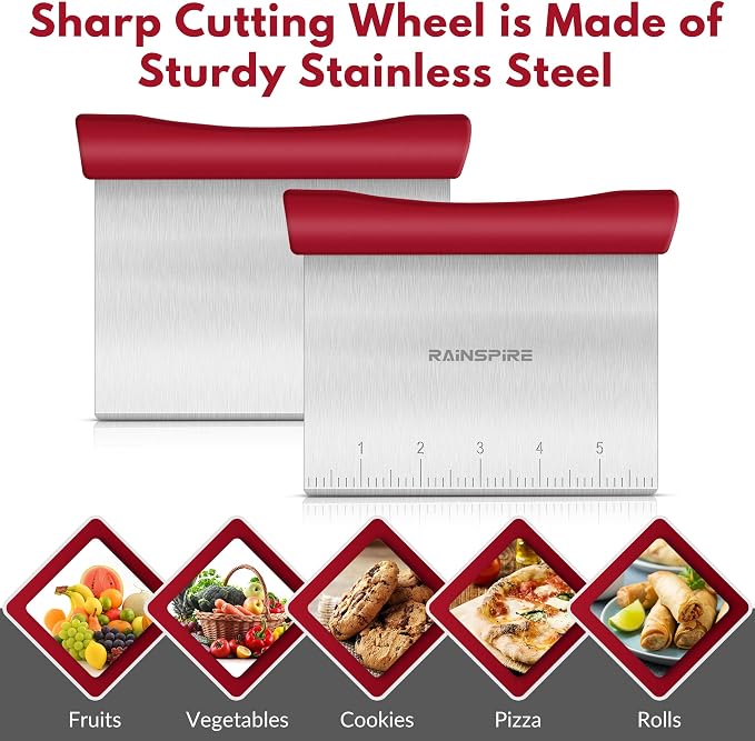 Upgraded 304 Stainless Steel Multi-Purpose Bench Scraper with Measurement Marks, Dishwasher Safe, Dough Cutter for Pizza, Bread and Cookie Dough Vegetable Chopper, Baking Supplies, Red