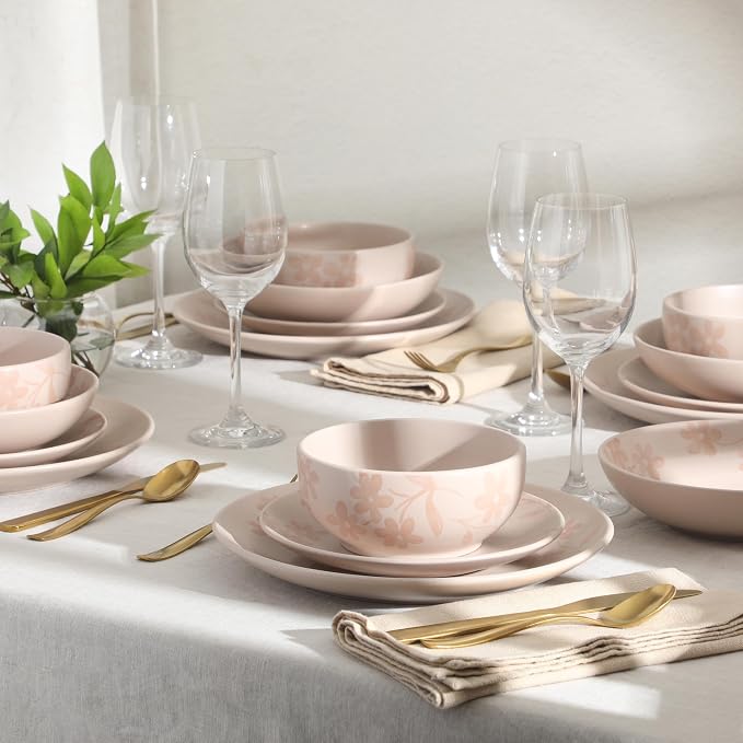 Gibson Home Admiral Hall Plates and Bowls Set, 16-Piece Floral Dinnerware Set, Pink Stoneware Dish Set, Dinner Plates, Salad Plates, Pasta Bowls & Cereal Bowls