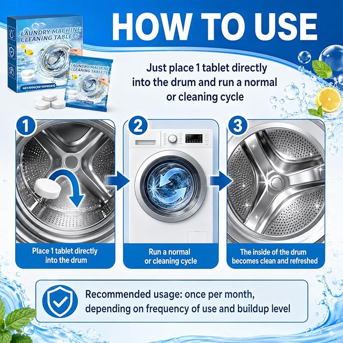 Washing Machine Cleaner Tablets 20 Count for Odor & Residue Buildup, For Front Load, Top Load & He Washers, Monthly Maintenance Descaling Tablets for Cleaner Drum