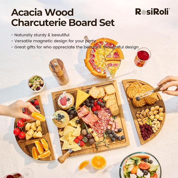 Magnetic Acacia Wood Charcuterie Board Set, 23-Inch Snack Tray | 100% Natural Acacia Wood, Magnetic 3-Piece Transformable Layout,Built-in Juice Grooves, Fits Parties and Gatherings
