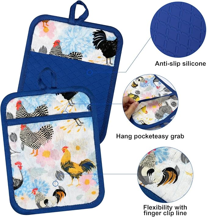 Alselo Oven Mitts and Pot Holders with Chef Apron,Kitchen Set of 5 | Heat Resistant Kitchen Gloves and Silicone Non-Slip Potholders Adjustable Neck Buckle Chef Apron, Rooster Design (Rooster)