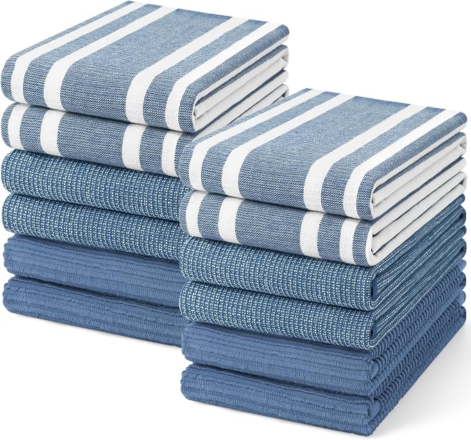 Homaxy Cotton 380 GSM Premium Kitchen Towels, 18"x 28", 12 Pack, Navy Blue | Soft and Absorbent Terry Dish Towels, Multipurpose Tea Towel Set with Hanging Loop, 3 Styles Kitchen Hand Towels