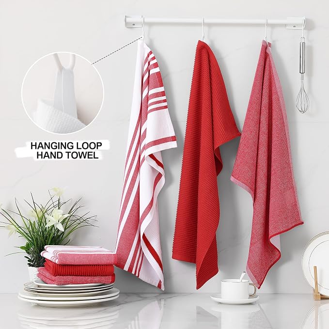 Homaxy Cotton 380 GSM Premium Kitchen Towels, 18"x 28", 3 Pack, Red | Soft and Absorbent Terry Dish Towels, Multipurpose Tea Towel Set with Hanging Loop, 3 Styles Kitchen Hand Towels
