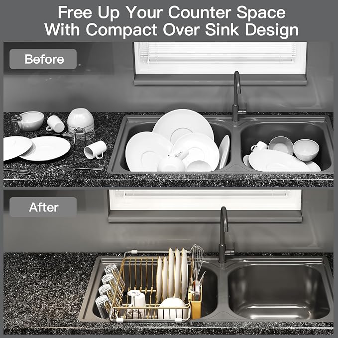 Gold Dish Drying Rack Over The Sink with Utensil Holder, Mat | Expandable Stainless Steel Dish Drainer for Small Kitchen, Apartment, RV, Counter Space Saving, Perfect Fit, Rustproof