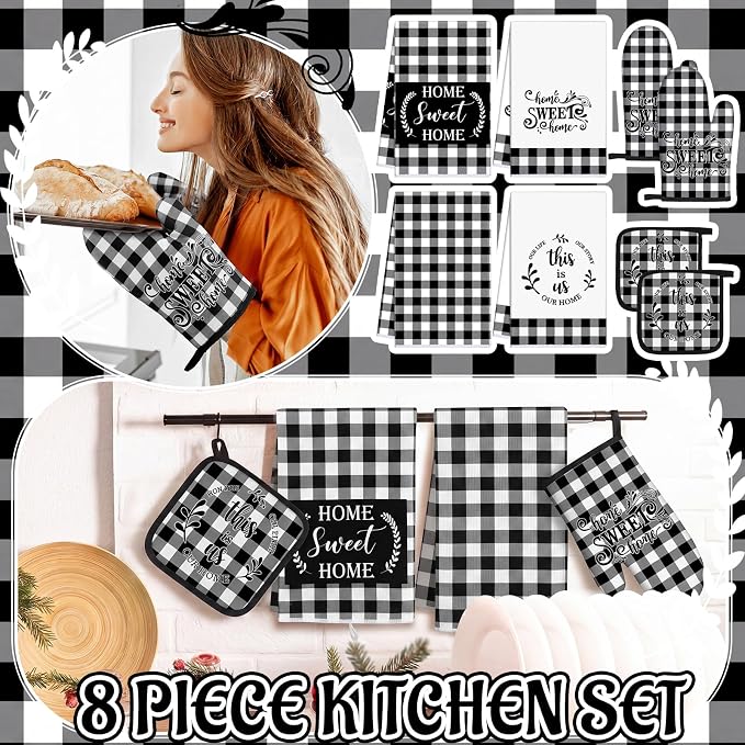 Leinuosen 8 Pcs Black White Plaid Kitchen Towels and Dishcloths Sets Pot Holders and Oven Mitts Sets Absorbent Kitchen Gloves Potholders Heat Resistant for Chef Baking Cooking