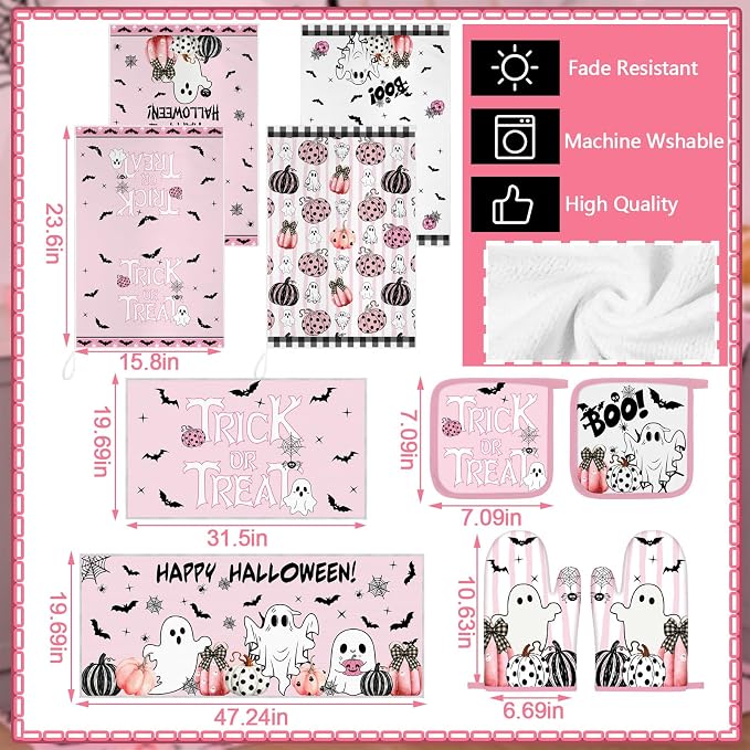 Fanfanwin 10 Pcs Pink Happy Halloween Kitchen Decor Set Pumpkins Ghost Boo Kitchen Rugs Towels Pot Holders Oven Mitts Trick or Treat Decorations for Halloween Baking Cooking BBQ