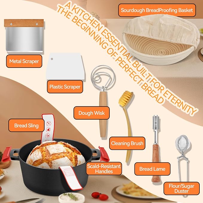 Cast Iron Dutch Oven for Bread Baking, 2-in-1 Pre-Seasoned Dutch Oven Pot | Banneton Bread Proofing Basket Sourdough Bread Baking Supplies, Dutch Oven Pot with Skillet Lid Cooking Pan Handles Lame, 5QT