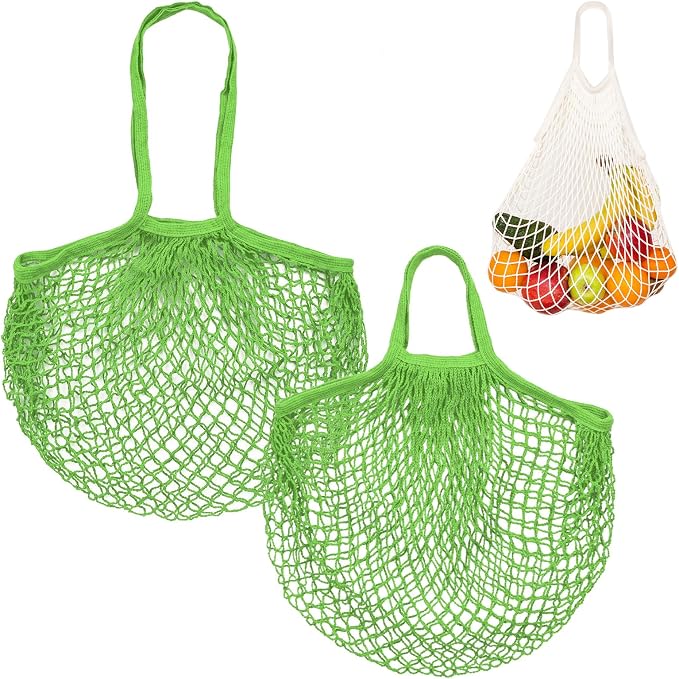 M METERXITY 2-Pack Cotton Mesh Bag, Reusable Washable Mesh Net String Grocery Bags, Reusable Produce Bags with Handle, Net Tote Bag for Fruits/Vegetables Shopping [Green, Long&Short Handle]