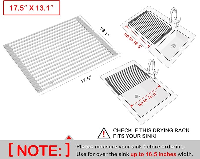17.5 x 13.1 Inch Roll-Up Dish Drying Rack, Fits Across Sink Openings up to 16.5 Inches, Heavy-Duty Premium Silicone, Strong Support, Non-Slip, Heat-Resistant, Warm Gray