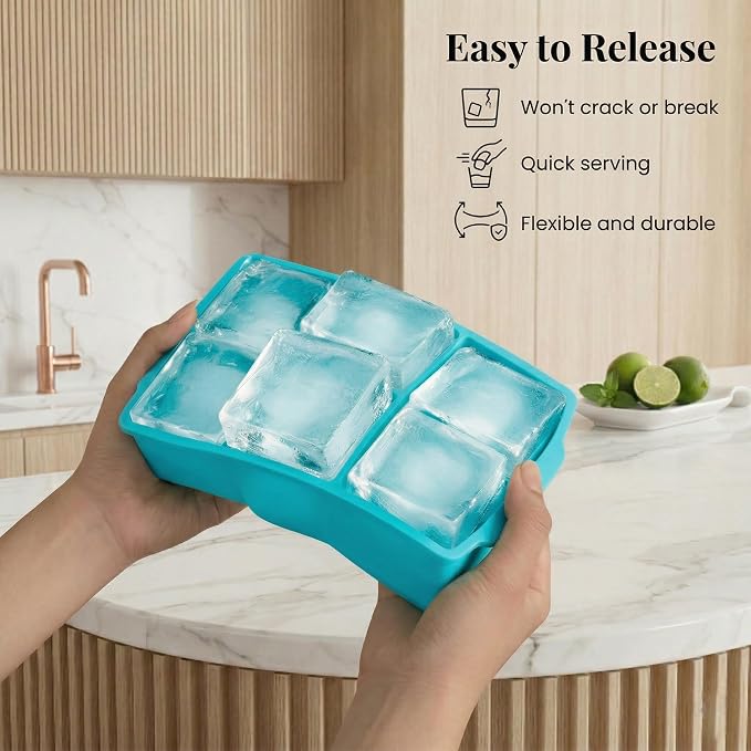 KitchFort® Large Silicone Ice Cube Tray (3-Pack) - 2" Big Ice Mold with Lid | Easy Release, Cocktail, Whiskey Ice Cubes Mold - Food Grade - Ice Cube Trays for Freezer - Stackable Silicone Ice Tray