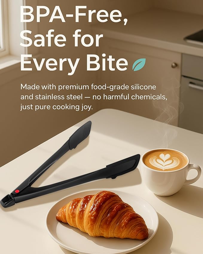 Professional Stainless Steel Kitchen Tongs, Dishwasher safe 12'' Black | Food-Grade Silicone Anti-Slip Design with Comfortable Grip, Multi-Purpose for Salad Serving, BBQ and Cooking