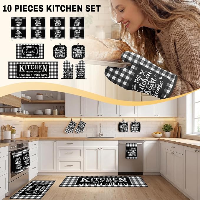 10 Pcs Kitchen Decor and Accessories Set, Plaid Checkered Buffalo | Black 4 Dish Towels Kitchen Rugs 2 Oven Mitts 2 Pot Holders, Home Decor for Cooking Baking BBQ Gifts Women Mom Housewarming