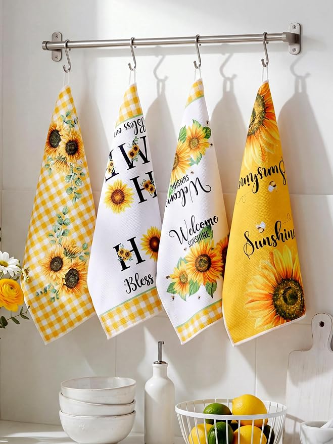 4 Pcs Sunflower Kitchen Towels Yellow and White Hand Dish Towels | Absorbent Sunshine Grid Fast Drying Decor Housewarming Gift for Cooking Bathroom Kitchen Decor