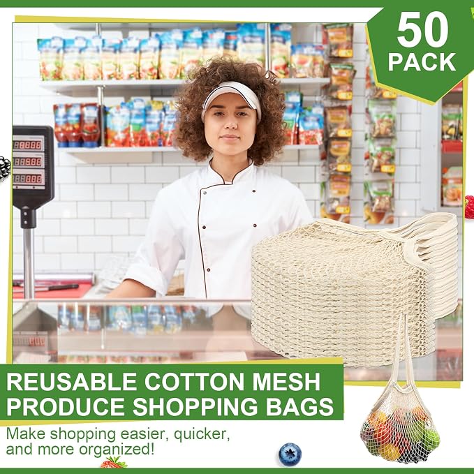 Paterr 50 Pack Cotton Mesh Produce Bags Bulk,Long Handle,Beige | Reusable Mesh Grocery Bags Bulk, Washable Net Market Tote String Shopping Bags, for Vegetable Fruit Beach Picnic Food Storage