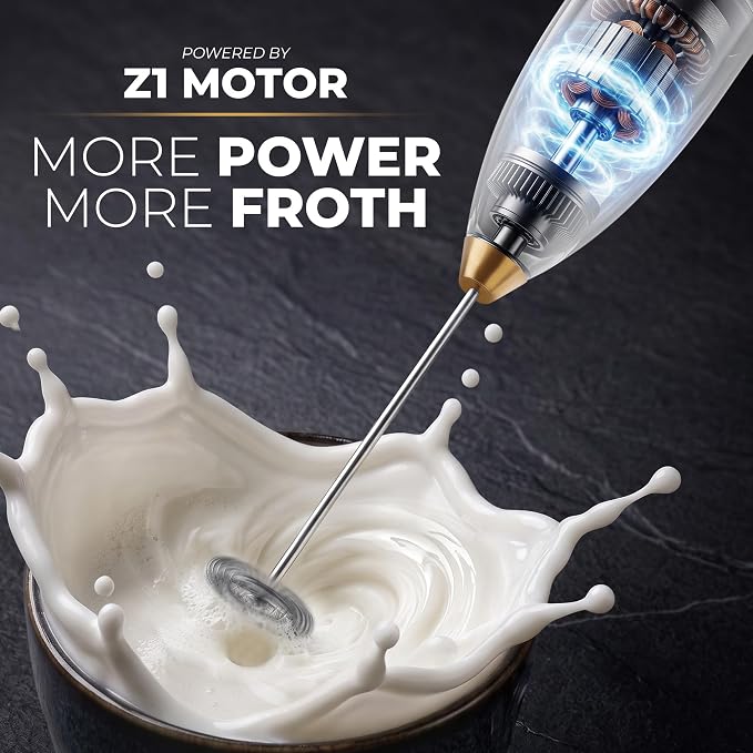 Zulay Kitchen Powerful Milk Frother Wand With Duracell Batteries - Ultra Fast Handheld Drink Mixer - Electric Whisk Foam Maker for Coffee, Lattes, Cappuccino & Matcha - Z1 Motor - Exec Silver Gold