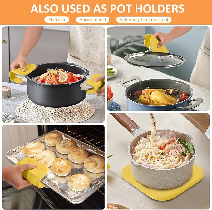 Silicone Trivets for Hot Pots and Pans, Pot Holders Hot Pads 6 Pack Silicone Mats for Kitchen Counter, Soft Durable Drying Mat, Jar Opener and Coasters (Yellow)