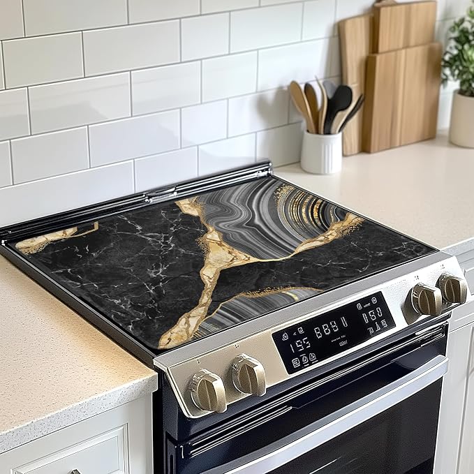 Black Gold Marble Electric Stove Top Cover Protector,Glass Flat Top Stove Mat,Heat-Resistant Oven Induction Cooktop Mat for Ceramic Countertop Mats Dish Drying Mat