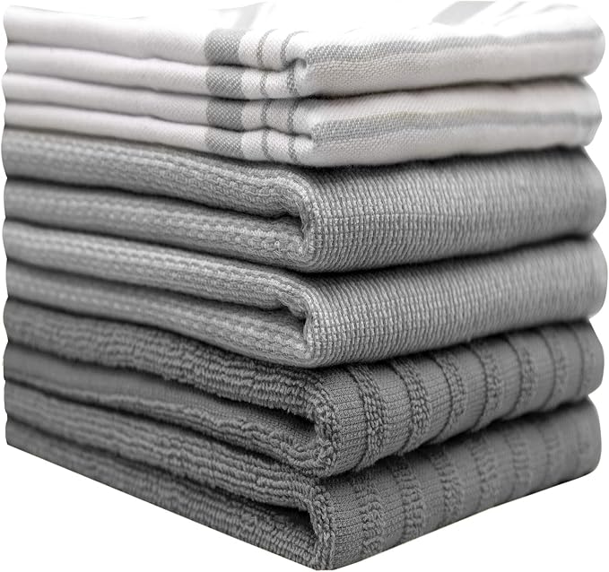 Premium Kitchen Towels 6 Pack 100% Cotton 20"x28" Dish Towels Grey Striped | Large Flat & Terry Kitchen Linen Set with Hanging Loops, Highly Absorbent for Washing and Drying Dishes
