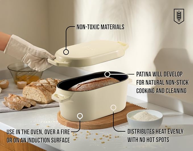 Kook Oval Dutch Oven, for Bread Baking, Sourdough Loaf Pan, Dual Handles, Enameled Cast Iron, with Sling, Dishwasher Safe, 3.4 Qt, Ivory