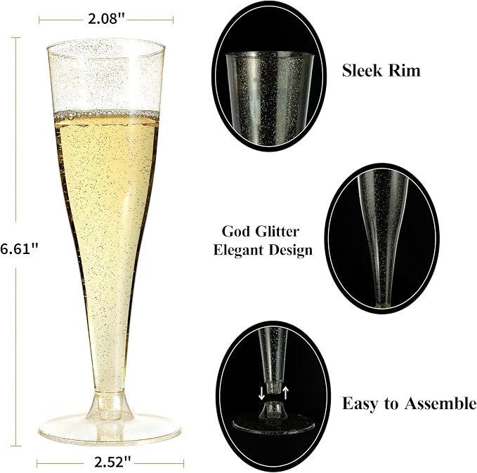 Bestluck 200Pack 4.5oz Gold Glitter Champagne Flutes Plastic | Plastic Disposable Stemware, Disposable Champagne Flutes for Party, Mimosa Bar, Wedding, Anniversary and Graduation