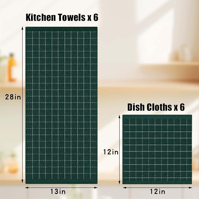 Homaxy Kitchen Towels and Dishcloths Set, Set of 10, Blackish Green | Bulk Cotton Terry Kitchen Towels, Checkered Designed, Soft and Super Absorbent Dish Towels, 12 x 12 and 13 x 28 Inches
