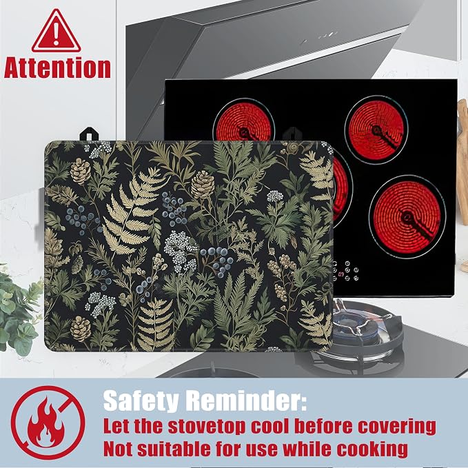 Green Leaves Glass Top Stove Cover Protector,Summer Forest Berry Heat Resistant Stove Top Cover, Large Size Range Covers for Electric Stove Countertop Mat, 28 x 20 Inch
