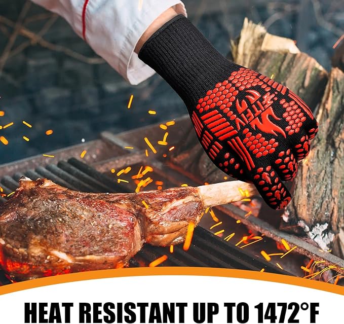 BBQ Gloves, 1472°F Heat Resistant with Silicone Grip Oven Mitts | Non-Slip Grip, for BBQ, Grilling, Oven, Smoker, Cooking and Baking