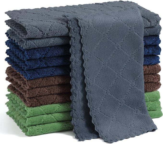 Homaxy 12 Pack Super Soft & Absorbent Coral Velvet Dish Cloths, 10" x 10" | Navy Blue/Dark Grey/Brown/Grass Green, Nonstick Oil Fast Drying Microfiber Cleaning Cloth, No Lint Household Dishcloths