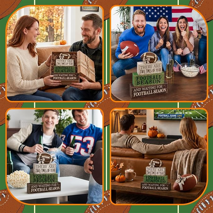 Lineshading 4 Pcs Football Tiered Tray Decor Wood Blocks Stackable Table | Stackable Centerpiece with Quotes, Party Decorations for Game Day Tailgate, Shelf Fireplace Display, Gift for Fans Club