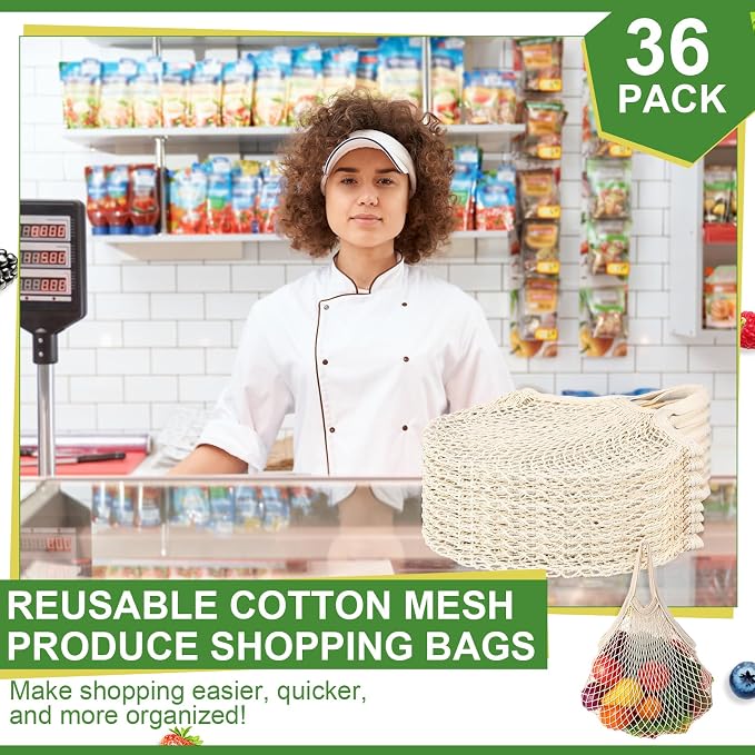 Paterr 36 Pack Cotton Mesh Produce Bags Bulk,Short Handle,Beige | Reusable Mesh Grocery Bags Bulk, Washable Net Market Tote String Shopping Bags, for Vegetable Fruit Beach Picnic Food Storage