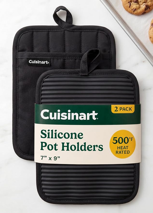 Cuisinart Silicone Pot Holders, Set of 2 7"x9", Heat Resistant 500F | Non-slip grip back is waterproof, hand pocket for secure hold, doubles as a trivet, wipe clean, hanging loop