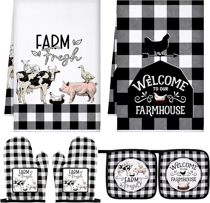 Bencailor 6 Pcs Farm Kitchen Towels Oven Mitts and Pot Holders Decorative Dish Towels Tea Non Slip Heat Resistant Oven Gloves for Summer Home Cooking Dish Baking BBQ, Black, White
