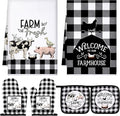 Bencailor 6 Pcs Farm Kitchen Towels Oven Mitts and Pot Holders Decorative Dish Towels Tea Non Slip Heat Resistant Oven Gloves for Summer Home Cooking Dish Baking BBQ, Black, White