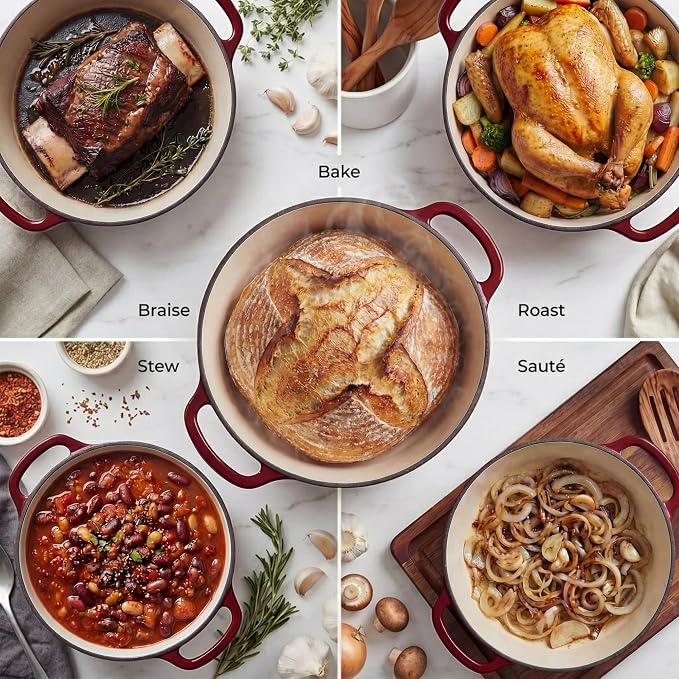 Zulay Kitchen 6.4QT Enameled Cast Iron Dutch Oven Pot with Lid, Heavy-Duty Soup Pot for Stews, Braising, Roasting & Sourdough Bread Baking, Oven Safe up to 500°F – Garnet