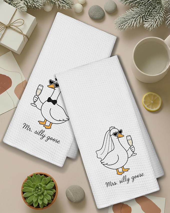 Funny Silly Goose Kitchen Towels, Bachelorette Party Gifts Dish Tea Towels for Kitchen Decor, Engagement Newly Engaged Gifts for Couples Decorative Hand Towel for Bathroom, 16x24 Inch Set of 2