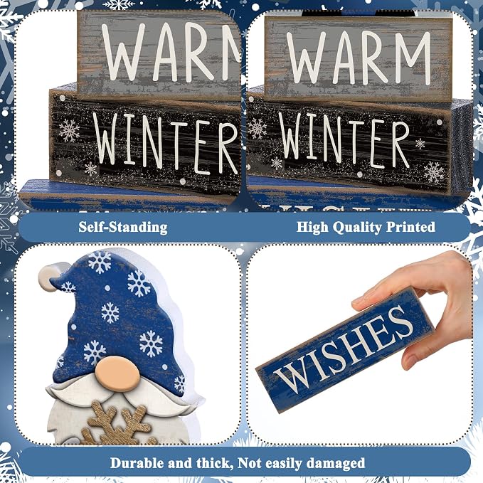 Lineshading 4 Pcs Winter Gnome Wooden Sign Blue Tiered Tray Decor Farmhouse | Stackable Warm Winter Wishes Blocks, Rustic Wood Finish, Season-long Centerpiece for Kitchen Shelf and Mantel Display