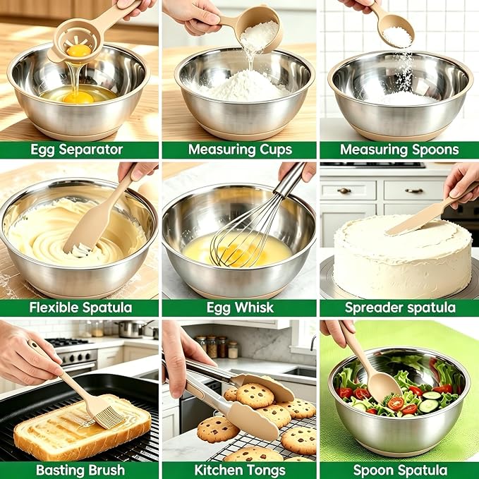 Deedro Mixing Bowls with Airtight Lids, 22Pcs Stainless Steel Mixing Bowls Set, Nesting Bowls with Non-Slip Silicone Base, thicker Metal Bowls for Baking & Prepping, 1.5/2/3/4/5 QT, Khaki