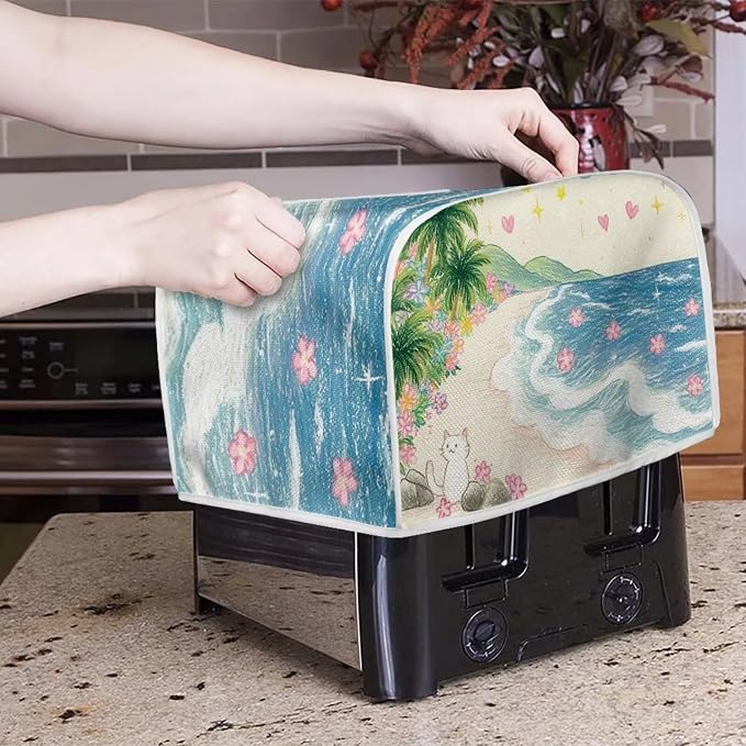 Cat Beach Print Toaster Cover 2 Slice Floral Printed Bread Maker Cover Palm Tree Print Toaster Oven Covers for Kitchen Counter